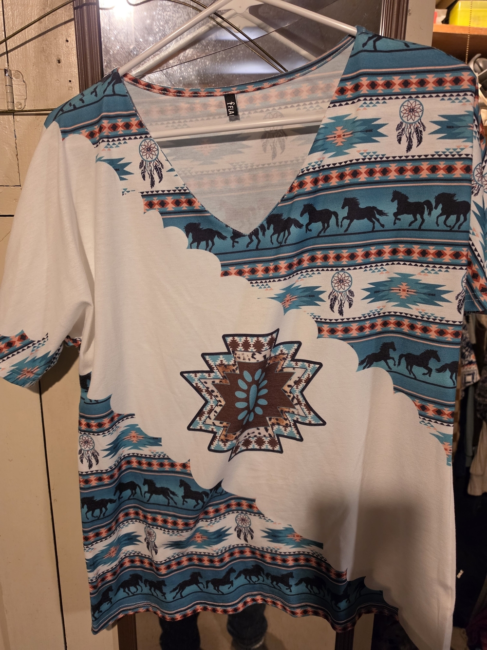 Teal Southwestern V-Neck Short Sleeve Top - Women